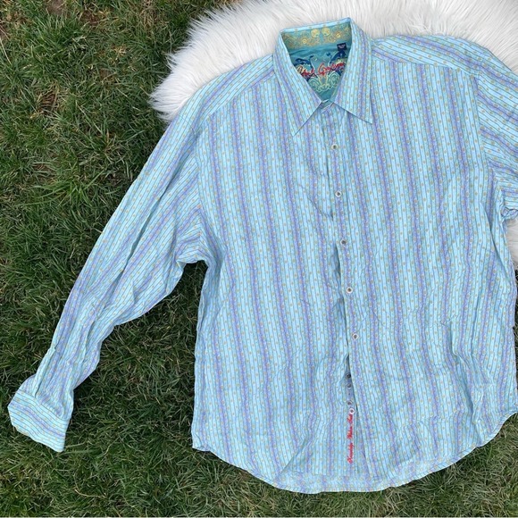 Robert Graham blue Plaid stripe button down Shirt Script Cuff 2XL - Picture 1 of 8